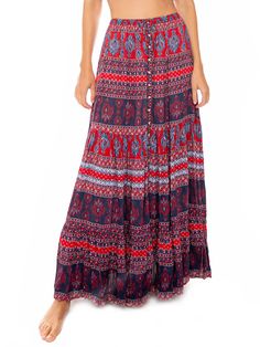 Long Skirt Boho Chic, colored floral gipsy all over print, red and blue viscose. Gipsy Style. Model: Chitra Bohc61. | MC2 Saint Barth Women's Gipsy Skirt Boho Chic in Blue | SS18 Bohemian Rayon Lined Skirt, Bohemian Tiered Skirt In Rayon, Bohemian Rayon Tiered Skirt, Bohemian Tiered Rayon Skirt, Bohemian Skirted Rayon Bottoms, Bohemian Long Rayon Skirt, Bohemian Rayon Skirt For Festival, Red Flowy Maxi Skirt For Festival, Blue Rayon Maxi Skirt