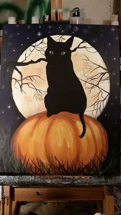 a painting of a black cat sitting on top of a pumpkin in front of a full moon