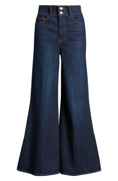 These superstretchy, '70s-inspired palazzo jeans are remade for today with a slightly shorter inseam and golden stitching that highlights the chic dark wash. 29" inseam; 28 1/2" leg opening; 12 1/2" front rise; 17" back rise (size 29) Zip fly with two-button closure Five-pocket style 90% cotton, 6% elasterell-p, 4% elastane Machine wash, dry flat Imported Denim Blue Wide Leg Flares For Fall, Fall Denim Blue Wide Leg Flares, Wide Leg Denim Blue Flares For Fall, Spring Dark Wash Wide Leg Flares, Crop Wide Leg Jeans, Palazzo Jeans, Latest Jeans, Cropped Wide Leg Jeans, Leggings And Socks