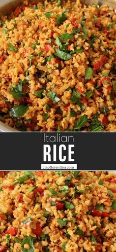 two pictures showing different types of rice in a pan with basil leaves on top and bottom