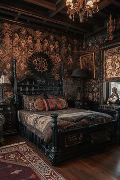 a bed sitting in the middle of a bedroom next to a dresser and mirror on top of a hard wood floor