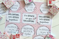 valentine's day stickers are laid out on top of each other, with the words i'm stuck on them