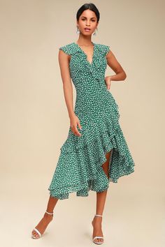 Women's Print Dresses - Floral Dresses, Plaid Dresses | Lulus.com Green Formal Dresses, Asymmetrical Midi Dress, Green Dresses, Green Floral Print, Floral Print Midi Dress, Wedding Guest Dresses, Party Outfits, Wedding Guests, Floral Dress Summer