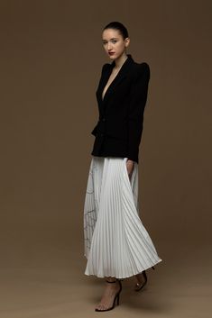 Jacket style top with pleated skirt - HerTrove White Pleated Skirt, Dress Name, Ankle Length Skirt, Dress Fitted, Skirt Long, Long Sleeve Blazers, Black Blazer, Plunging Neckline, Jacket Style