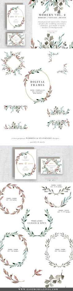 the wedding stationery is shown with flowers and leaves