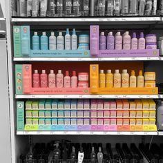 the shelves are filled with many different types of hair products