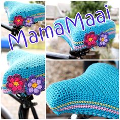 three pictures of the same bicycle seat cover with flowers on it, and in different stages of being crocheted