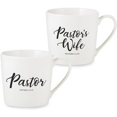 two white coffee mugs with the word pastor's wife printed on each one