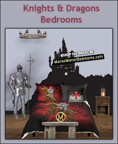 a bed room with a neatly made bed and knight decorations