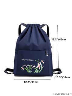 a drawsack bag with flowers on the front and side, measurements for each item