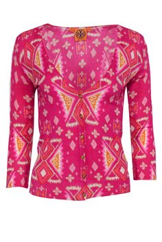 Current Boutique-Tory Burch - Pink & Orange Printed Button-Up Wool Cardigan Sz XS Spring Multicolor Sweater With Button Closure, Multicolor Button Sweater For Spring, Chic Multicolor Summer Sweater, Trendy Multicolor Sweater With Button Closure, Colorful Fall Cardigan, Trendy Colorful Cardigan, Trendy Colorful Spring Cardigan, Trendy Fitted Multicolor Sweater, Multicolor Cotton Cardigan With Buttons