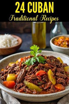 a bowl filled with shredded beef and vegetables