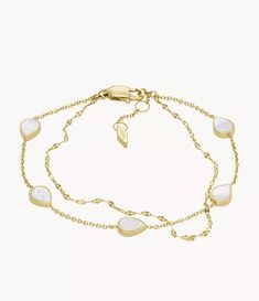 White Metal Bracelets With Pearl Drop, White Metal Bracelet With Pearl Drop, Modern White Metal Chain Bracelet, Modern White Bracelets With Adjustable Chain, Elegant White Chain Bracelet With Extender, White Metal Oyster Bracelet, Oyster Bracelet In Mother Of Pearl, Elegant Gold-tone Bracelet With Pearl Charm, Modern White Pearl Chain Bracelets