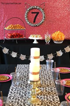 the table is set up for a birthday party