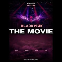 the movie poster for blackpink's the movie, with purple lights and clouds