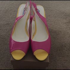 These Color Block Stilettos Are Gorgeous And Timeless. Patent Very Colorful, Open Toes, With Slingback. Selling With Different Box, Color Fuchsia/Yellow/Green Size 11 Heels, Color Fuchsia, Fuchsia Color, Box Color, Shoes Women Heels, Open Toe, Color Blocking, Color Block, Shoes Heels