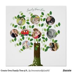 a family tree with many different pictures on the top and bottom branches, all in green leaves