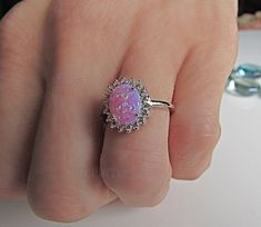 Lab Opal CZ Silver Ring Pink Opal Ring Halo Opal Ring - Etsy Elegant Silver Rings With Pink Opal, Silver Pink Opal Ring For Gift, Silver Pink Opal Ring Gift, Opal Ring Silver, Pink Opal Ring, Vero Beach Fl, Ring Halo, Vero Beach, Pink Ring