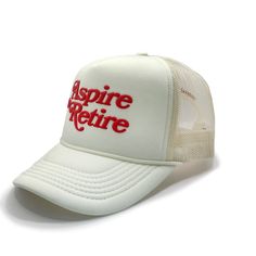 Aspire to Retire - Script Trucker Bone White Breathable Trucker Hat, White Breathable Trucker Baseball Cap, White Mesh 5-panel Trucker Hat, White Mesh Snapback Hat, White Mesh Trucker Hat With Curved Bill, Retro White Trucker Hat With Letter Print, White Breathable Trucker Hat For Streetwear, Breathable White Trucker Hat For Streetwear, White Mesh Trucker Hat For Outdoor