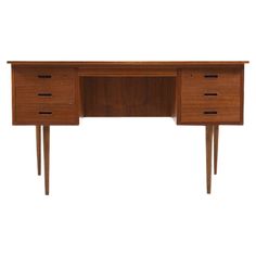 a wooden desk with three drawers and two legs