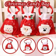 christmas candy bags with santa claus and snowman faces on them, all in red