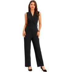 Versatile to suit each body size, each age, and each occasion, it is a timeless item for your wardrobe. A solid shawl collar jumpsuit is ready for you to move in and out of the office. With the design of the self-tie belt and high waist, it can accentuate your graceful figure. The invisible zipper back can be easily dressed up or down and the tie belt draws out your waistline and shows your body curve perfectly. Elegant Sleeveless Solid Color Pantsuit, Black Sleeveless Jumpsuits For Office, Sleeveless Workwear Jumpsuits And Rompers, Sleeveless Solid Color Jumpsuits For Work, Elegant Sleeveless Jumpsuit In Solid Color, Solid Sleeveless Pantsuit For Work, Sleeveless Solid Color Workwear Pantsuit, Collar Jumpsuit, Cropped Jumpsuit