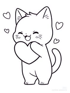 a black and white drawing of a cat holding a heart with hearts around it's neck