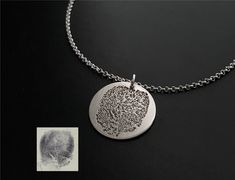 "I am excited to offer such a unique & special keepsake and transforming your prints into a beautiful piece of jewelry just for you that will last a lifetime! Each pendant is made using your original prints. Handcrafted by me in .925 sterling silver. This process is very unique, time intensive & developed by me in my studio. This will be an exact replica of the your print, as I am able to shrink it to fit on the pendant. Deeply acid etched like the one in this listing. You can actually f Signatures Handwriting, Leather Necklace, Original Prints, Leather Cord, Fingerprint, Handwriting, Sterling Silver Pendants, Silver Pendant, Jewelry Necklace Pendant