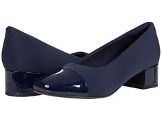 Clarks Marilyn Sara - Women's Shoes : Navy Textile/Patent Combination : The Marilyn Sara is part of the Clarks Collection. Pamper your foot with rich comfort and classic style in the Clarks Marilyn Sara pump. An OrthoLite footbed enhances comfort while reducing impact making this the right choice in or out of the office. Available in a full grain leather, suede or synthetic patent upper. Please refer to color selection for upper detail. Easy slip-on style. Soft textile lining. Block heel sits at Slip-on Closed Toe Court Shoes For Work, Patent Leather Slip-on Heels For Work, Elegant Almond Toe Court Shoes With Arch Support, Classic Synthetic Court Shoes With Round Toe, Synthetic Medium Width Court Shoes For Office, Formal Synthetic Court Shoes With Cushioned Footbed, Medium Width Synthetic Court Shoes For Work, Synthetic Almond Toe Court Shoes For Business, Synthetic Court Shoes With Padded Heel For Business