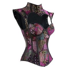 Steampunk Punk Buckle Stand Collar Cut Out Embroidered Lace Up Overbust Corset Fitted Multicolor Sleeveless Corset, Multicolor Sleeveless Corset, Fitted Punk Corset Dress For Festival, Fitted Punk Style Corset Dress For Festival, Pink Gothic Fitted Corset Dress, Punk Sleeveless Corset For Festivals, Punk Festival Fitted Corset, Punk Style Overbust Corset For Festivals, Punk Style Sleeveless Corset For Festivals