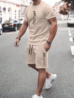 Men's Summer Casual Letter Print Tee And Shorts Set Khaki Casual    Plain  Slight Stretch  Men Clothing, size features are:Bust: ,Length: ,Sleeve Length: Letter Print Tee, Shorts For Men, Co Ords, Mens Khakis, Tee Shirt Homme, Tee Shirt Designs, Men T Shirt, Casual Sets, T Shirt And Shorts