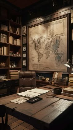 an old world map hangs in the corner of a room with leather chairs and desks