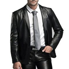 Experience the epitome of sophistication with this Men's Classic Genuine Leather Blazer Coat Jacket in Black. Tailored from 100% genuine sheepskin leather, this blazer is the epitome of luxury, quality and durability. The smooth texture and rich appearance of the black leather elevates the wearer's style to new heights, making it perfect for formal events, dinner parties or any occasion where you want to look your best. Features: 100% genuine sheepskin leather Sleek black color Classic blazer st Formal Leather Sport Coat, Winter Leather Sport Coat For Business, Winter Business Leather Sport Coat, Elegant Black Leather Jacket For Formal Occasions, Luxury Leather Jacket For Formal Occasions, Luxury Leather Jacket For Business Casual Winter, Black Professional Blazer For Winter, Professional Black Blazer For Winter, Professional Black Winter Blazer