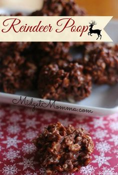 a close up of a cookie on a plate with the words reindeer pop in front of it