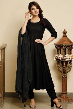 Buy Jet black solid flared kurta with gold dot dupatta Online Round Neck Anarkali, Kurta And Pants, The Secret Label, Gold Dot, Anarkali Kurta, Black Flare, Gold Dots, Matching Pants, Sequins Embroidery