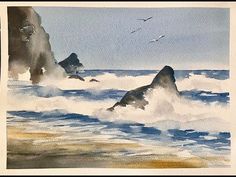 watercolor painting of two rocks in the ocean with birds flying over them and one rock sticking out of the water