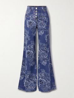 Etro's jeans really capture the brand's signature bohemian aesthetic - they're printed with an array of flowers that incorporate the house's signature paisleys. Cut denim with a touch of stretch for flexibility, they sit high on the waist and have '70s-inspired flared legs. Jean Trench Coat, Stretches For Flexibility, Sports Trousers, Blazer Shirt, Floral Denim, Flared Jeans, White Denim, Wide Leg Trousers, Paisley Print