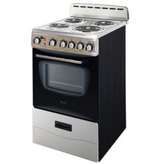 an electric stove with two burners and one oven door open, on a white background