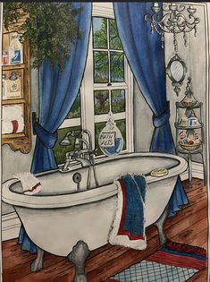 a drawing of a bathtub in front of a window with blue drapes and curtains