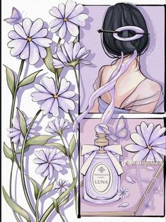 an illustration of a woman with flowers and perfume bottles