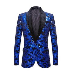 a tuxedo jacket with blue and black floral designs on the lapel is shown