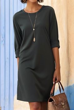 Long Sleeve Shift Mini Dress In Solid Color, Chic Long Sleeve Summer Dress In Solid Color, Long Sleeve Shift Dresses In Solid Color, Solid Color Long Sleeve Shift Dress, Solid Color Shift Dress With Long Sleeves, Elegant Crew Neck Midi Dress, Shift Mini Dress With Long Sleeves For Work, Elegant Crew Neck Mini Dress For Summer, Elegant Long Sleeve Shift Midi Dress