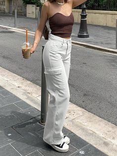 Women's Cargo Pocket Wide Leg Loose Casual Pants White Casual   Fabric Plain Cargo Pants Non-Stretch  Women Clothing, size features are:Bust: ,Length: ,Sleeve Length: Trendy Cargo Pants Women, Low Rise White Linen Pants, White Joggers Outfit Women, White Jogger Pants Outfit, Jogger Fits, White Cargo Pants Outfit, Comfy Streetwear, Y2k Cargo Pants, Fits Ideas