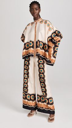 Luxury Silk Summer Sets, Spring Silk Set With Kimono Sleeves, Silk Set With Kimono Sleeves For Spring, Silk Long Sleeve Sets For Fall, Fall Silk Sets With Long Sleeves, Silk Floral Print Long Sleeve Sets, Designer Long Sleeve Sets For Spring, Printed Silk Sets With Long Sleeves, Luxury Silk Long Sleeve Sets