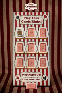 the carnival card game is displayed in front of a striped wall with red and white stripes