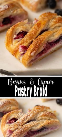 Collage of slice of mixed berry cream cheese pastry at top and bottom. Berries And Cream Pastry, Puffed Pastry Breakfast Recipes, Breakfast Puff Pastry Recipes, Things To Make With Puff Pastry, Berry Pastry, Puff Pastry Breakfast, Puff Pastry Braid, Cream Puff Dessert, Pastry Braid