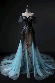 Fairy Tail Dress Gowns, Black And Teal Wedding Dress, Malificent Wedding Dress, Dream Dress Fantasy, Halloween Outfit Aesthetic, Royal Outfit, Raven Dress, Prom Dress Inspiration