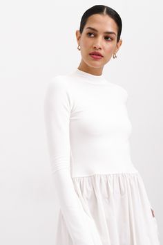 Off White Long Sleeve Mockneck Dress - Fillmore Dress | Marcella White Stretch Turtleneck For Spring, Chic White Long Sleeve Turtleneck, Fitted White Turtleneck Dress, White Fitted Turtleneck Dress, White Mock Neck Top For Fall Layering, White Turtleneck Dress For Fall, White High Neck Dresses For Fall, White Long Sleeve Mock Neck Top For Layering, Fitted Mock Neck Top For Spring