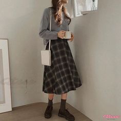 Qteee - Classic Plaid High-Waisted Midi Skirt with Elastic Waist and Full Swing Design, Includes Belt Long Umbrella, Skirt With Elastic Waistband, Swing Design, Bodycon Midi Skirt, Umbrella Skirt, Crop Top Dress, Skirts Midi High Waisted, Long Sleeve Short Dress, Vintage Plaid