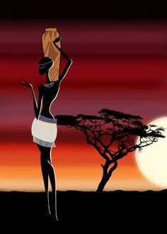 an african woman standing in front of a sunset